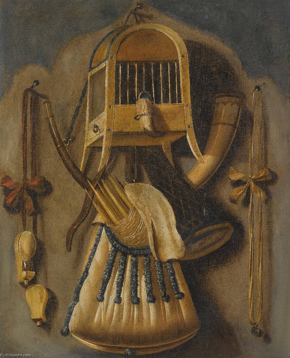 A Trompe L'oeil Still Life With A Bird Cage, A Hunting Horn, A Bird Whistle, And Other Hunting Implements Hanging On A Wall — Johannes Leemans