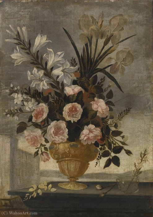 Still Life Of Iris, Lilies, Roses And Carnations In Elaborate Urn — Pedro De Camprobín