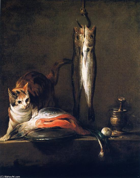 Cat With Salmon, Two Mackerel, Pestle And Mortar — Jean-baptiste-siméon Chardin