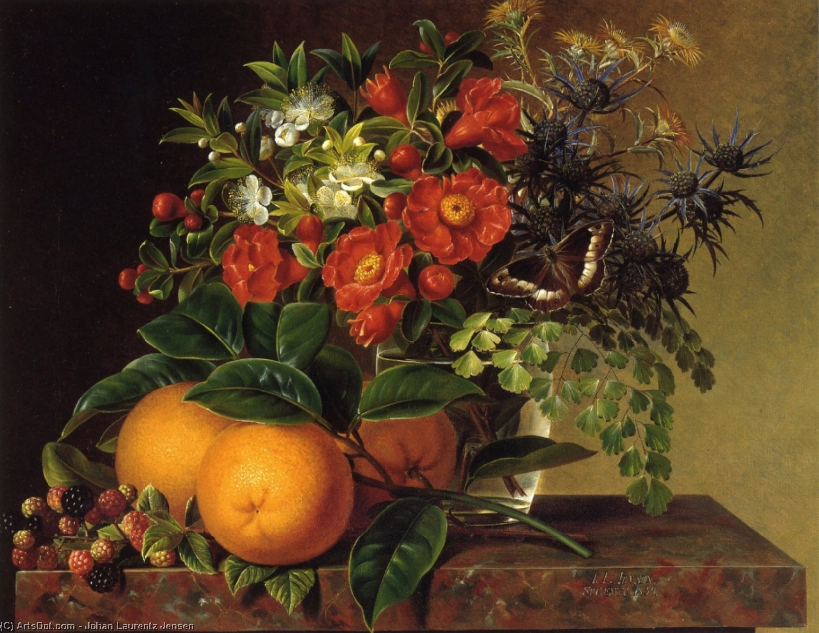 Thistle, Echinops, Myrtle In A Glass Vase With Oranges, Blackberries And A Butterfly No A Brown Marble Ledge — Johan Laurentz Jensen