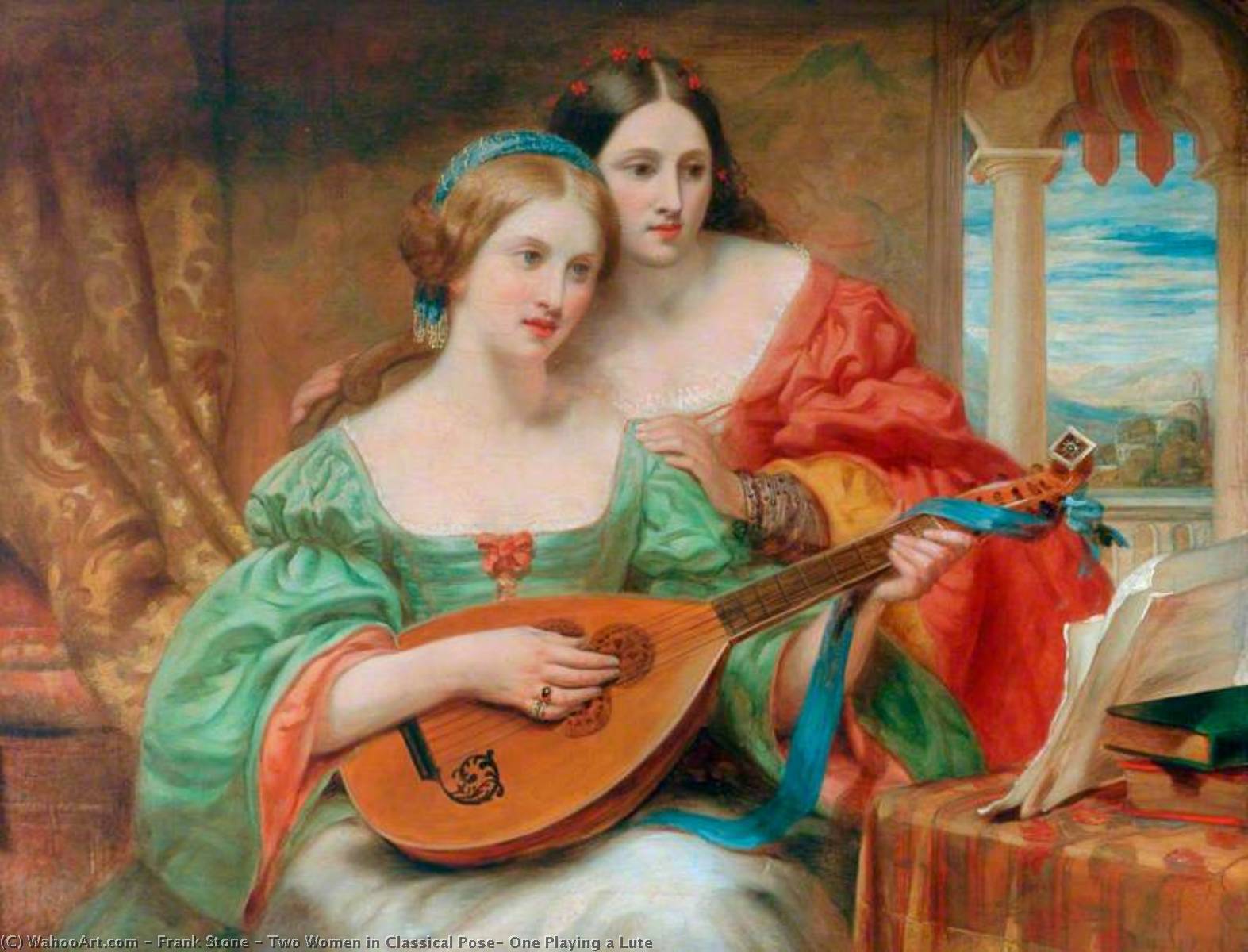 Two Women In Classical Pose, One Playing A Lute — Frank Stone