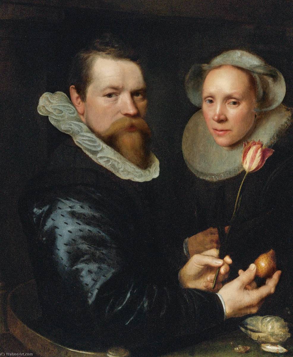 Double Portrait Of A Husband And Wife, He Holding A Tulip And Bulb, A Selection Of Shells On The Shelf Below — Michiel Jansz Van Miereveld