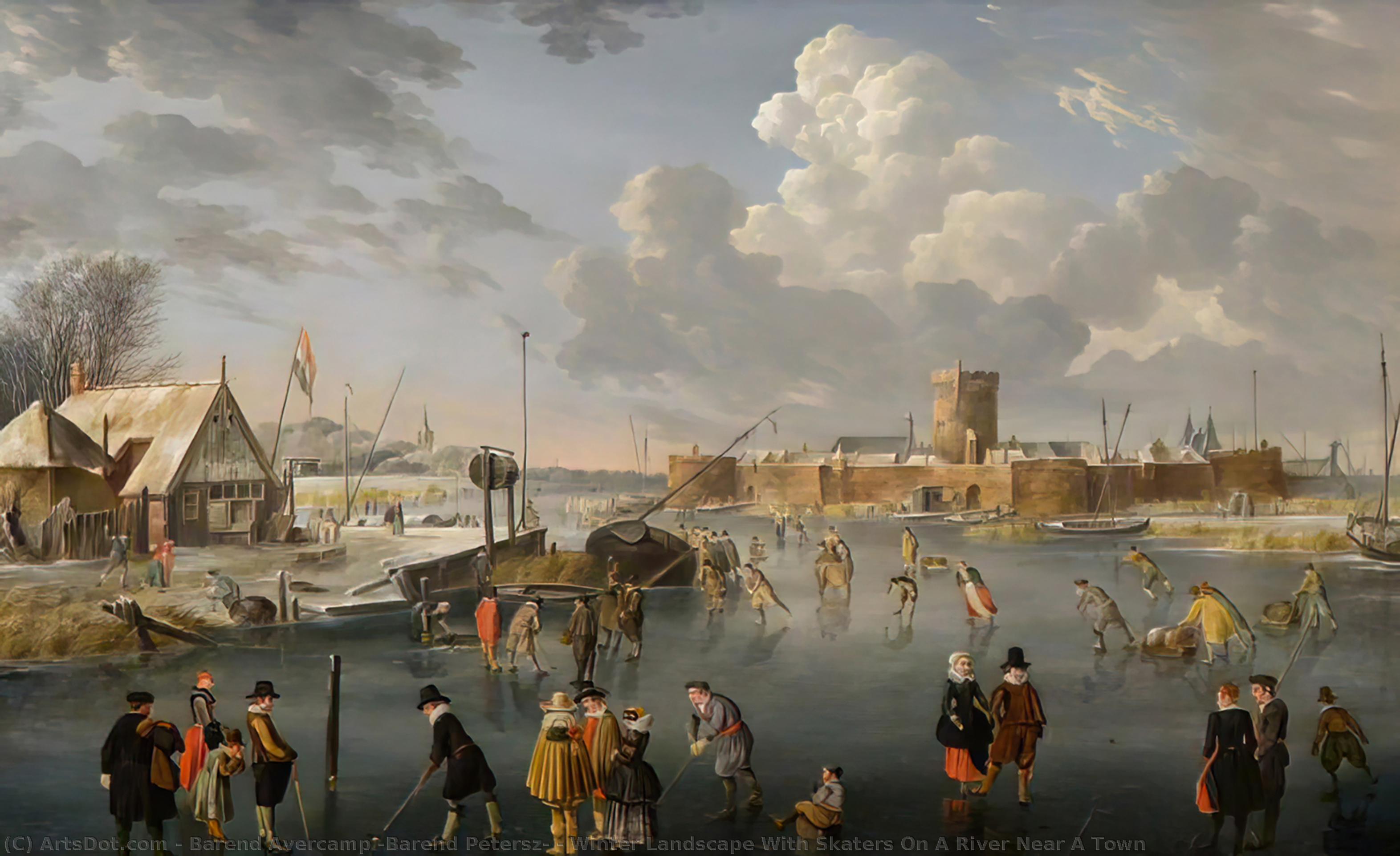 Winter Landscape With Skaters On A River Near A Town — Barend Avercamp
