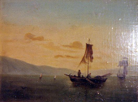 Two Fishermen And Little Dog In Sail Boat, (painting) — Elizabeth Otis Marshall Dannelly