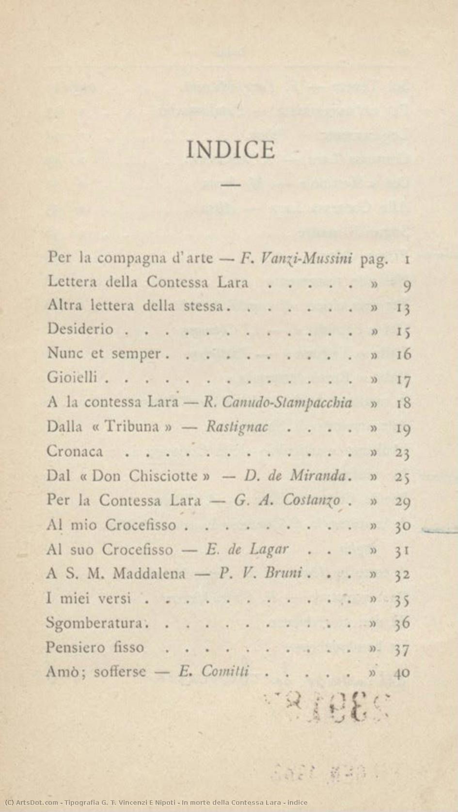 In Morte Della Contessa Lara - Indice — Tipografia G. T. Vincenzi E Nipoti