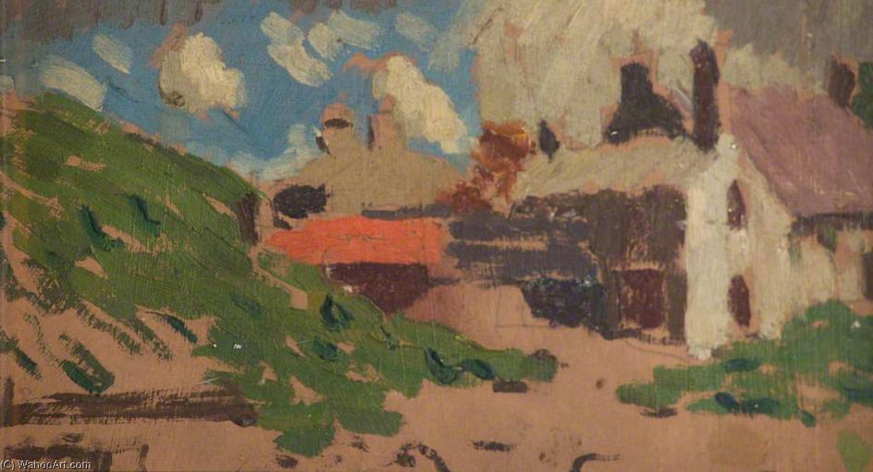 Village Scene, Houses And Grassy Bank — Edward Morland Lewis