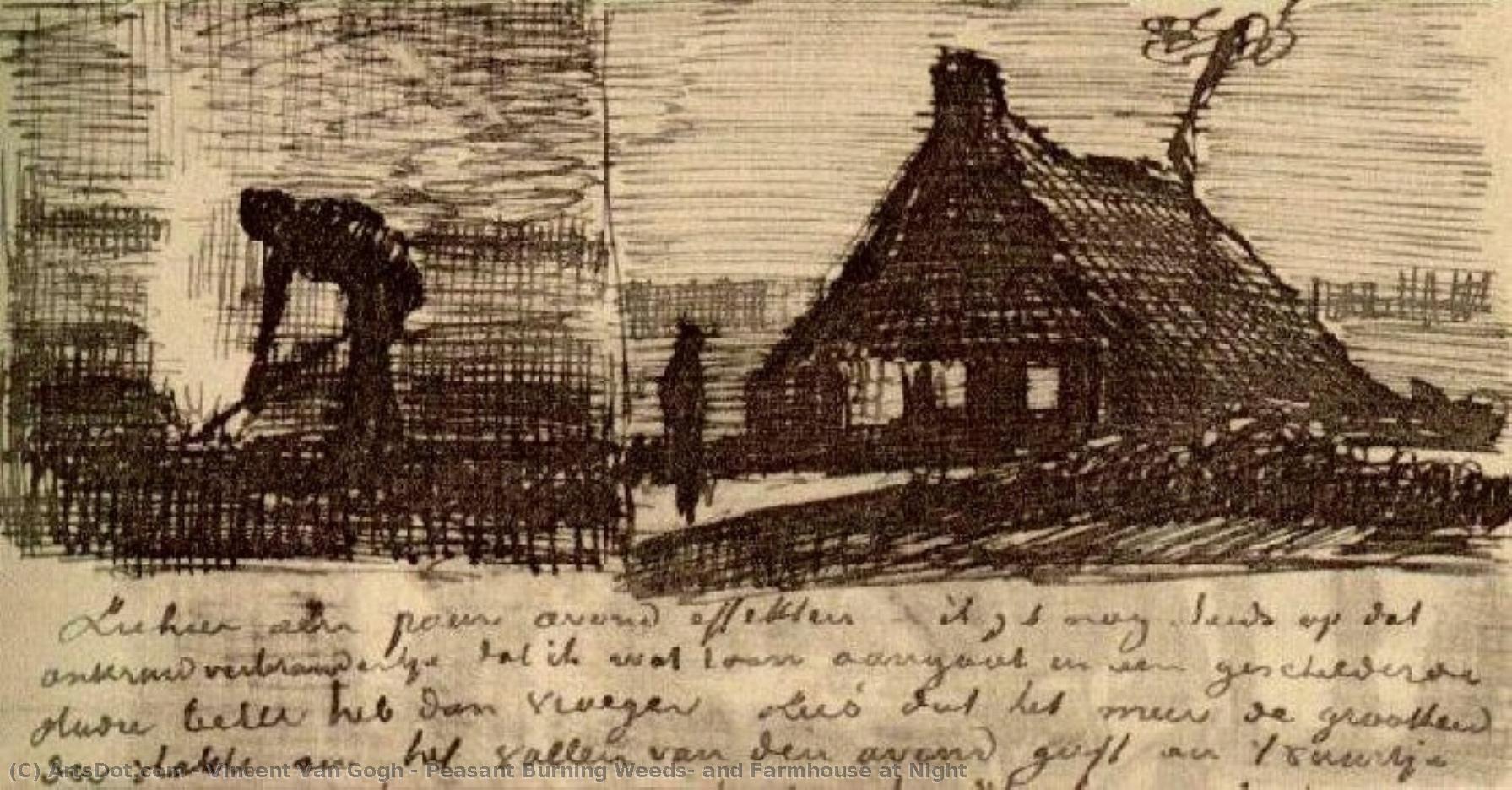 El Campesino Quemando Malas Hierbas Y Casa Rural Por La Noche — Vincent Willem Van Gogh