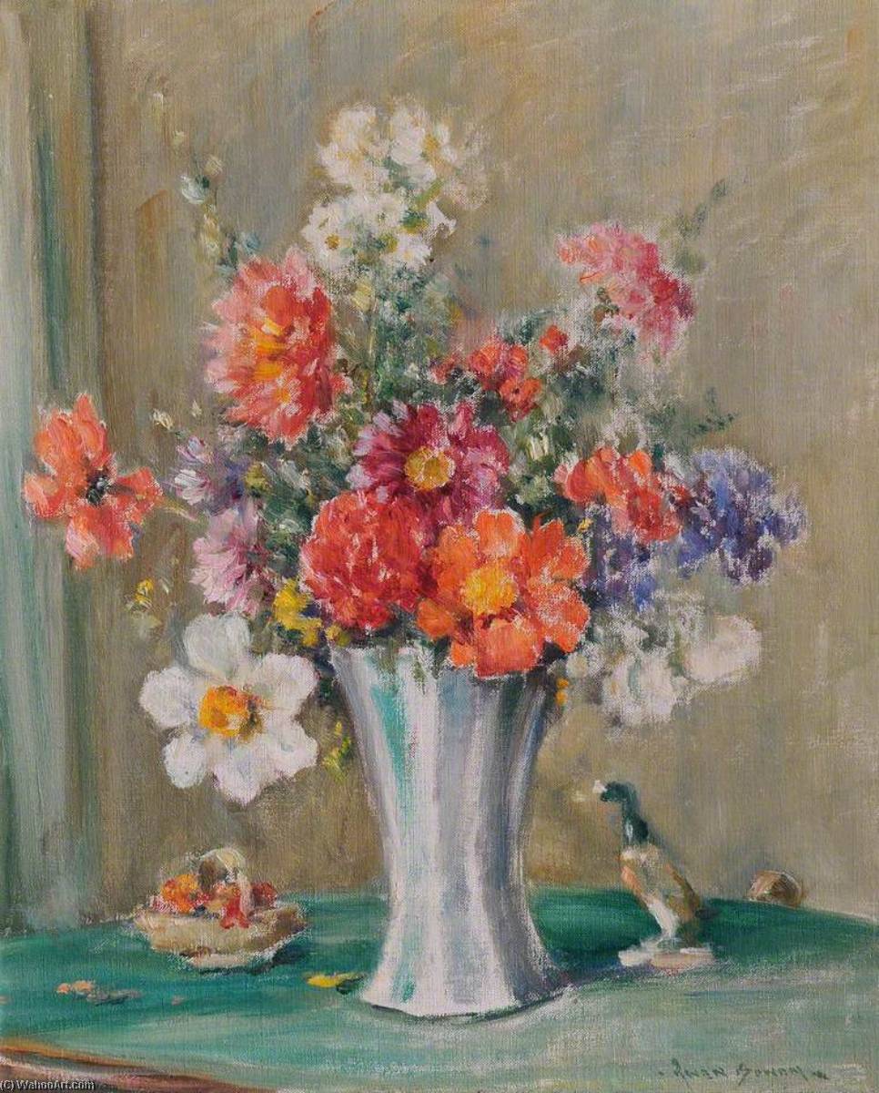 Still Life Study Of Flowers In A Vase With A Beswick Duck — Owen Bowen