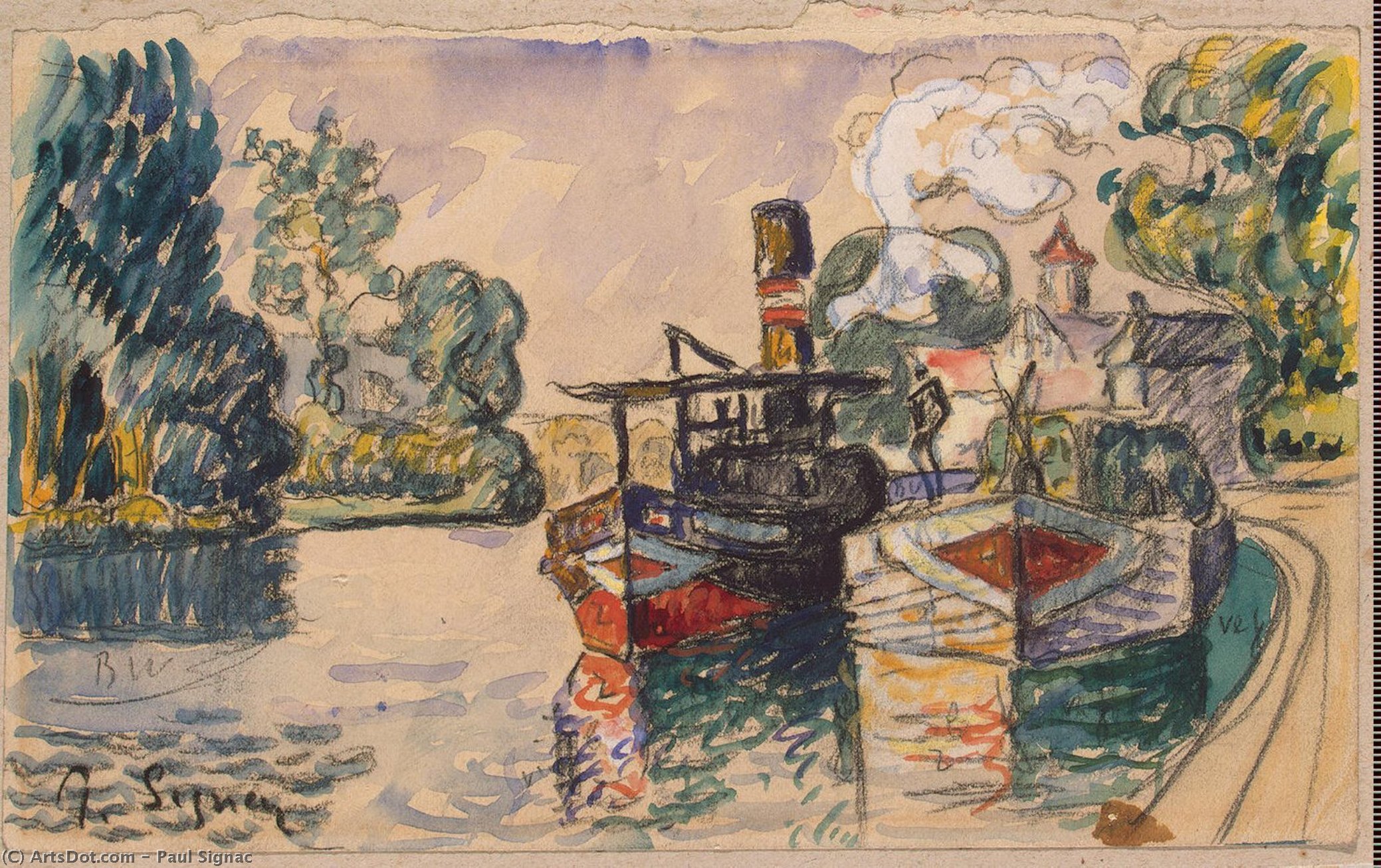 Tugboat And Barge In Samois — Paul Signac