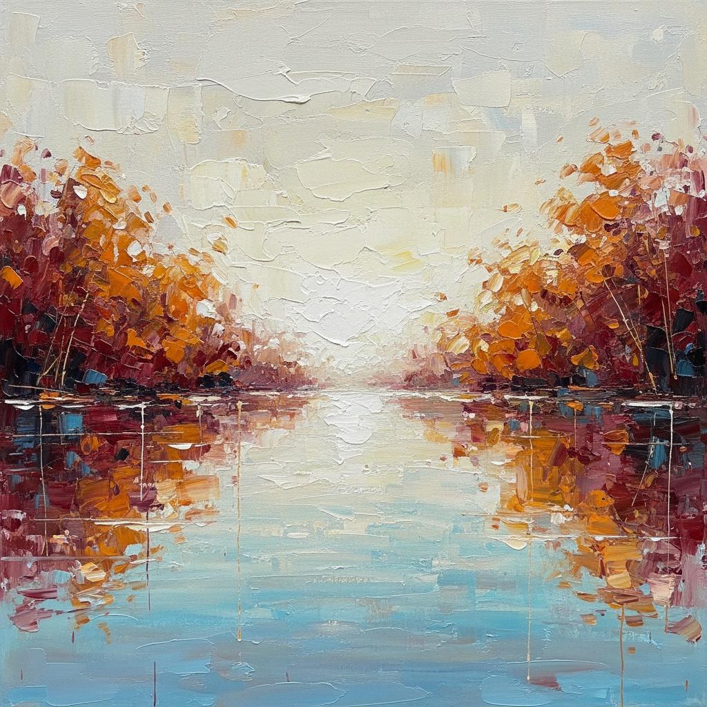 Horizonte Luminoso De Follaje Ocre Y Serenos Reflejos Cerúleos En Impasto — Christian Noiret