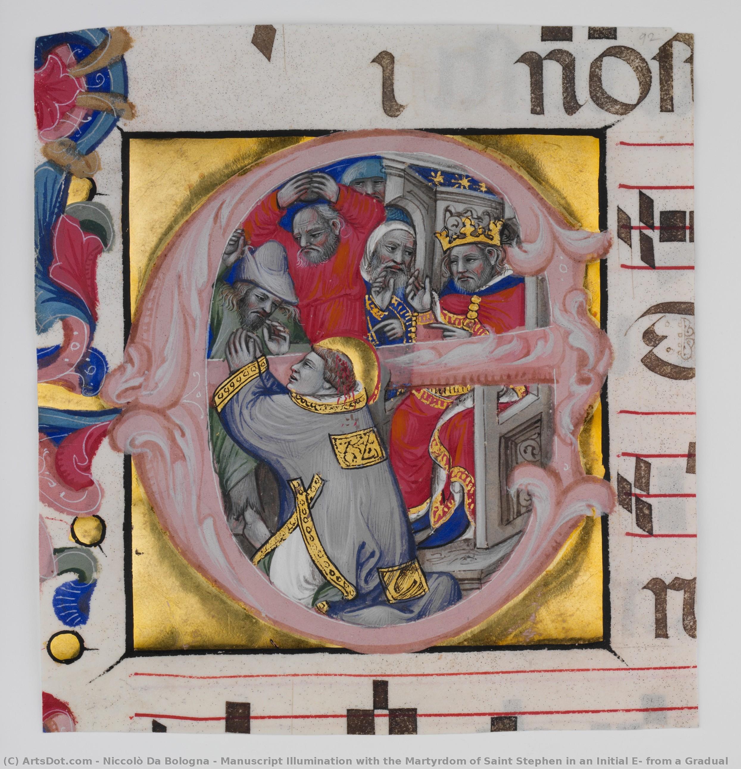 Manuscript Illumination With The Martyrdom Of Saint Stephen In An Initial E, From A Gradual — Niccolò Da Bologna
