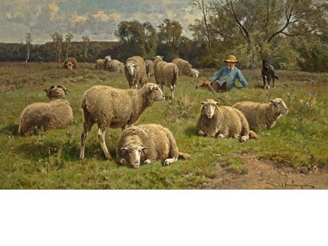 Shepherd And His Dog Guarding A Flock Of Sheep — Cornelis Van Leemputten