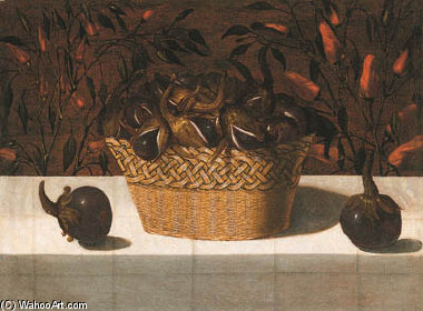 A Basket Of Aubergines With Two Aubergines On A Ledge Covered With A Cloth, Chilli Peppers Growing Behind — Blas De Ledesma