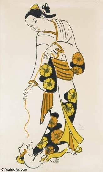 Japonaise En Kimono Jouant Avec Un Chat — Léonard Tsuguharu Foujita