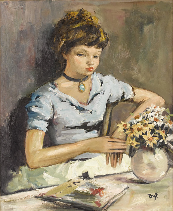 Young Girl By A Table With Flowers — Marcel Dyf