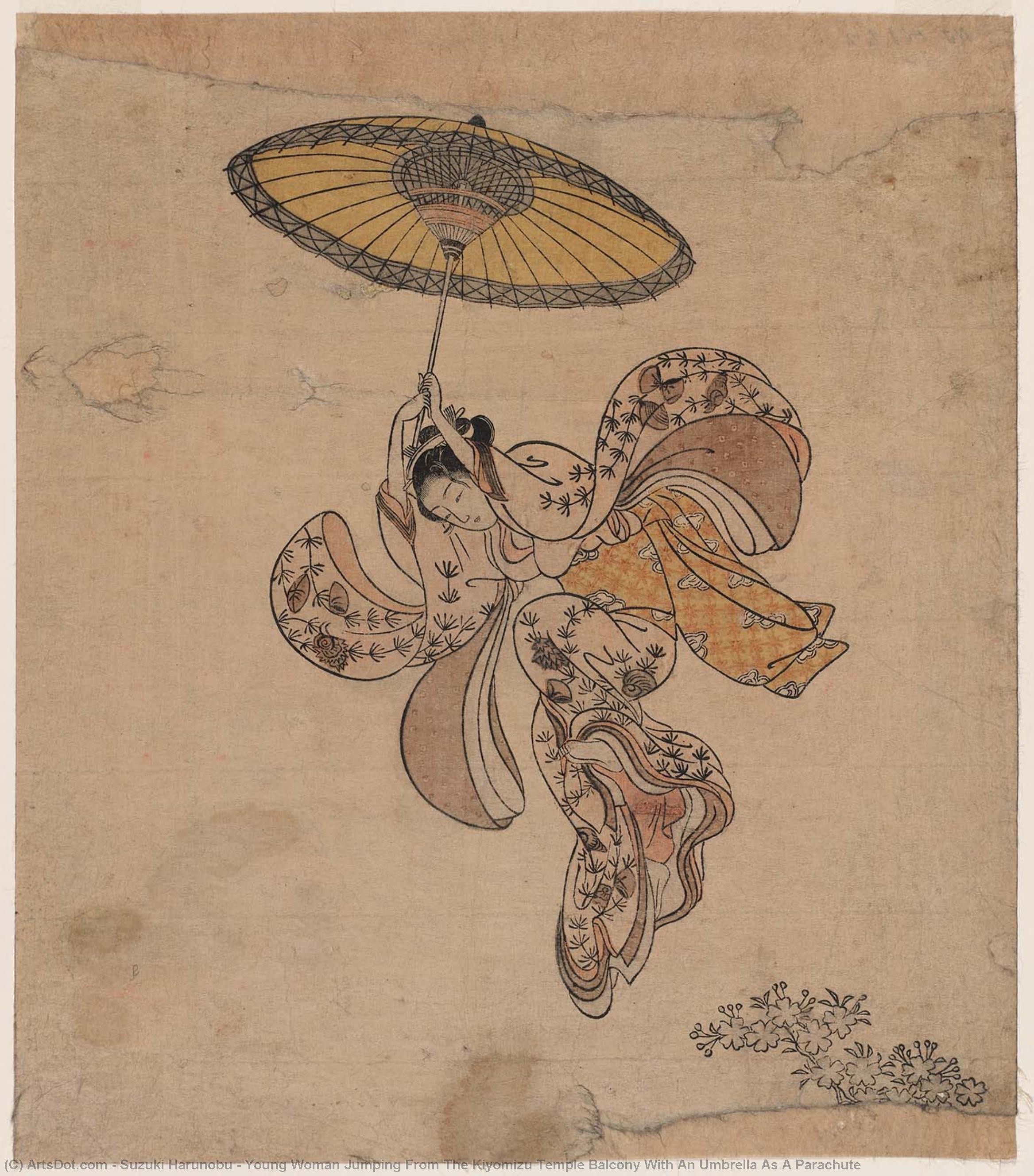 Young Woman Jumping From The Kiyomizu Temple Balcony With An Umbrella As A Parachute — Suzuki Harunobu