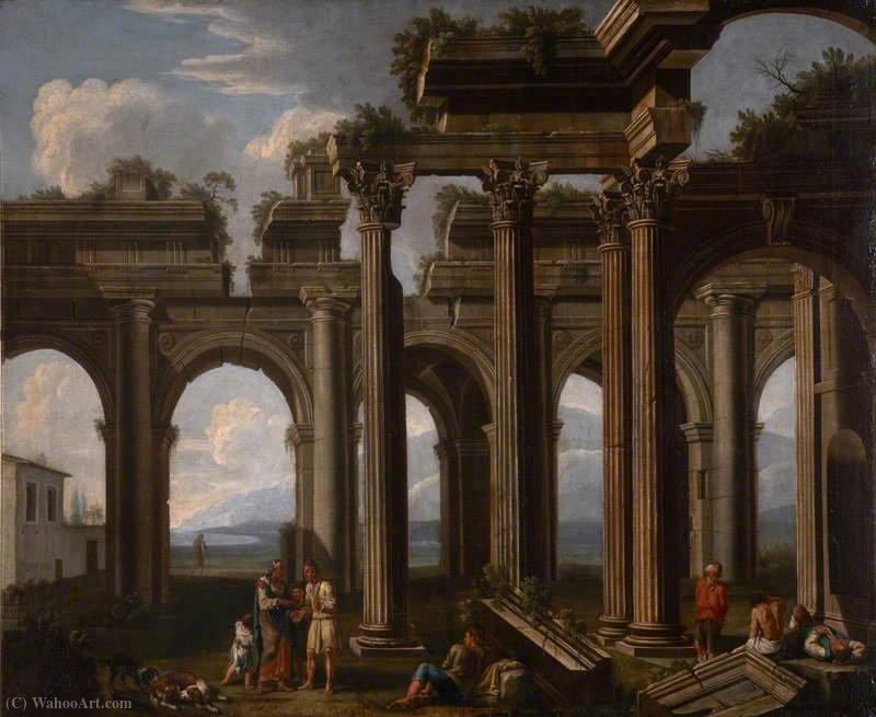 Architectural Capriccio, With The Ruins Of A Doric Arcade And Corinthian Colonnade, With Lazzaroni And A Fortune-teller — Jacob De Heusch