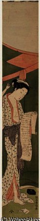 A Beauty Reading A Letter Outside Mosquito Netting — Suzuki Harunobu
