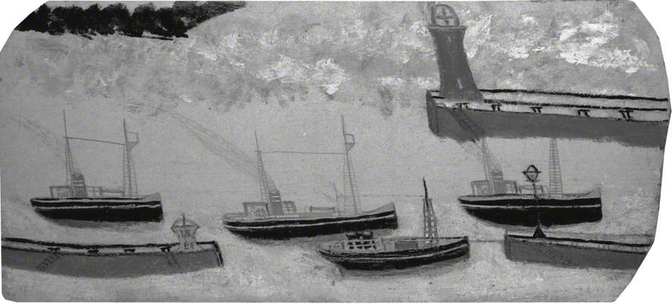 Four Steam Ships And Three Jetties (verso) — Alfred Wallis