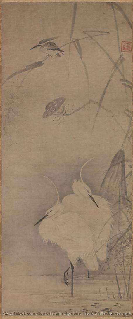 Two White Egrets And A Kingfisher At A Lotus Pond — Kinkei Dōjin (ryōbin)