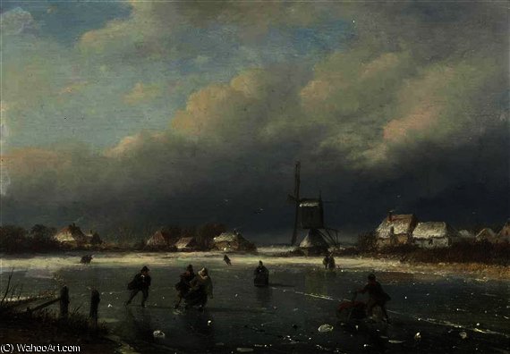A Winter Landscape With Skaters And A Mill Beyond — Nicolaas Johannes Roosenboom