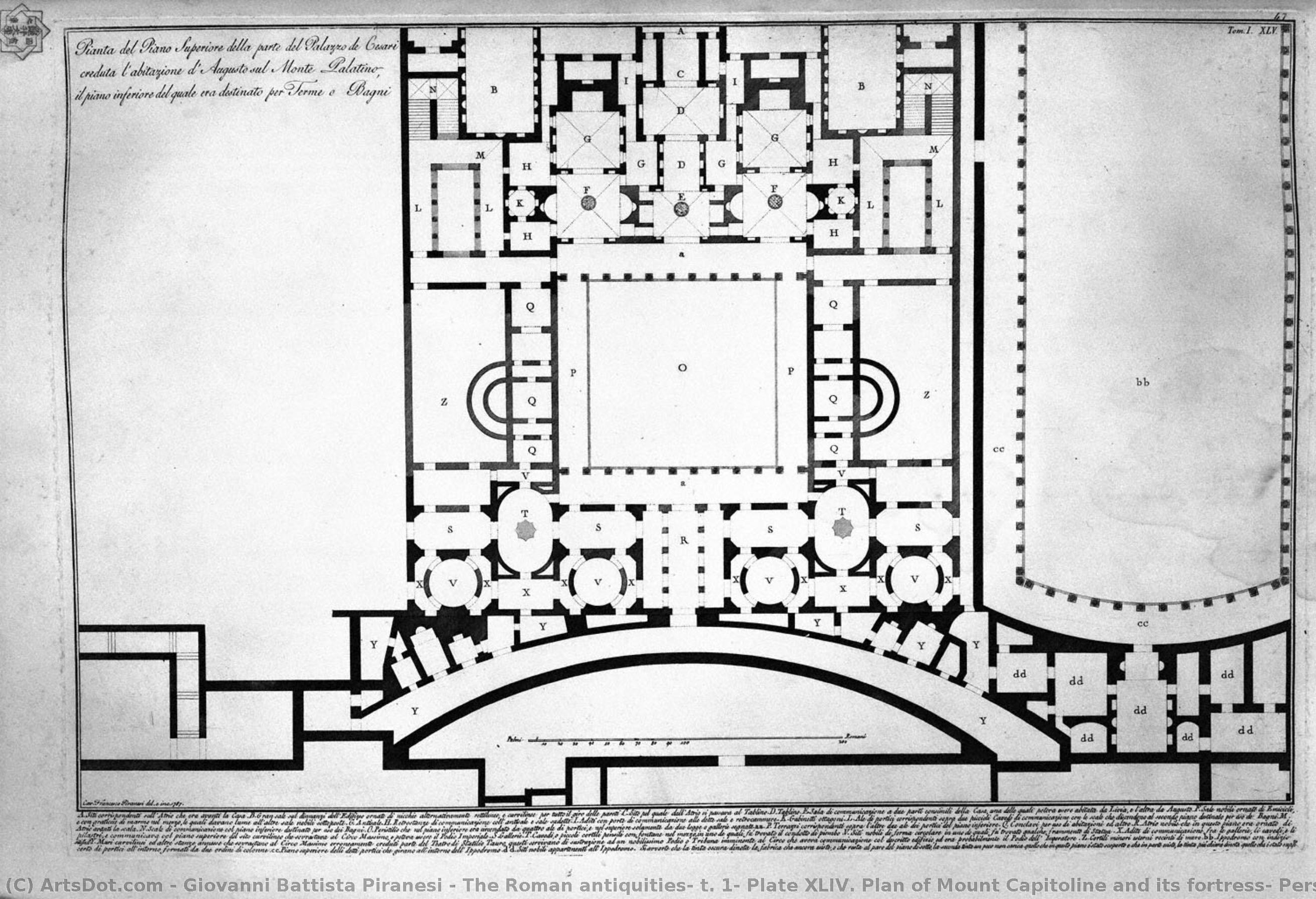 The Roman Antiquities, T. 1, Plate Xliv. Plan Of Mount Capitoline And Its Fortress; Perspective Of The Two Horns Or Stones That Stood In The Sides Of The Capitoline — Giovanni Battista Piranesi