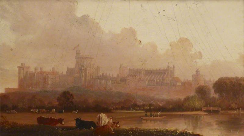View Of Windsor Castle With Four Cows In The Foreground, And Men In A Boat — Edmund Bristow