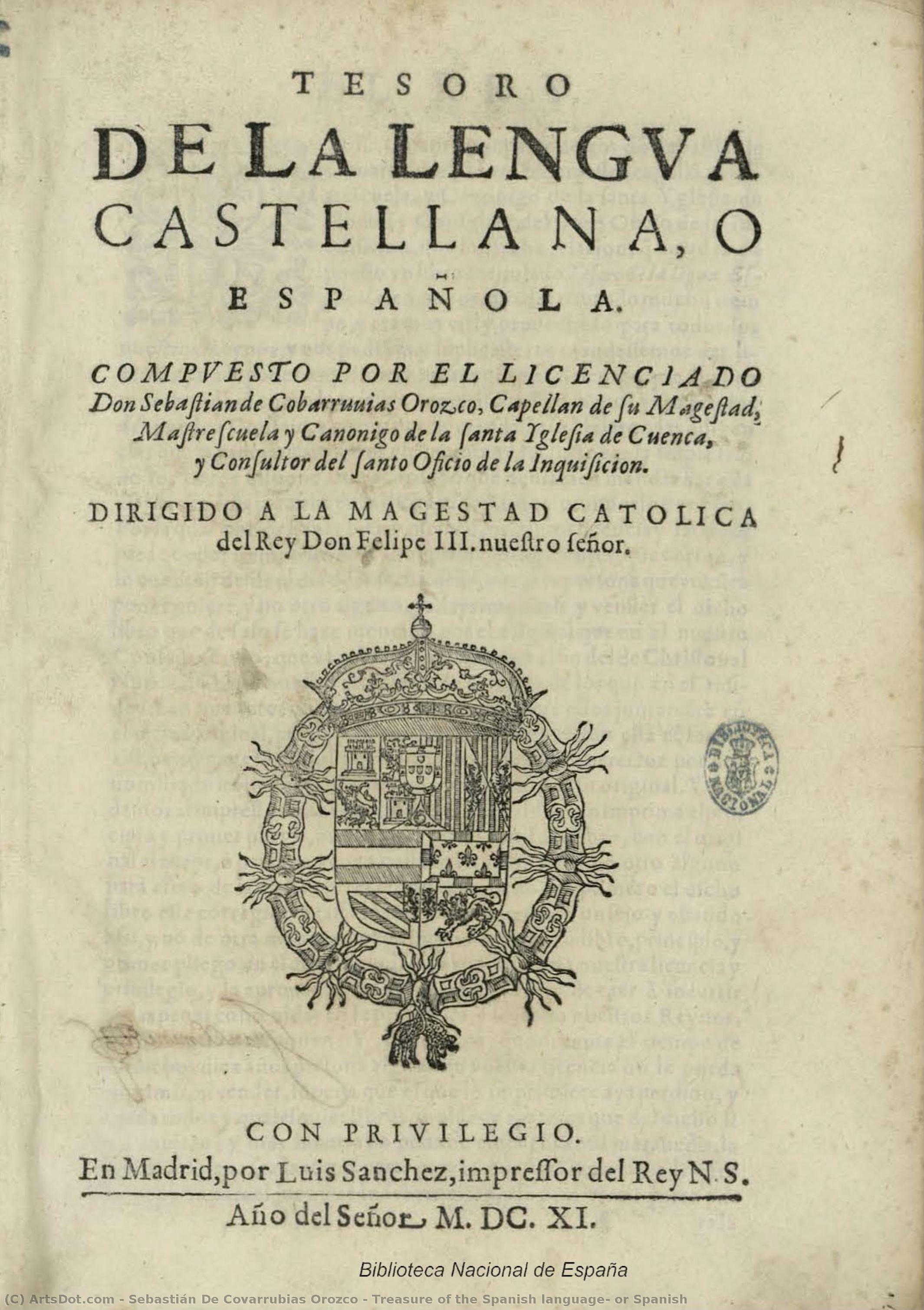 Treasure Of The Spanish Language, Or Spanish — Sebastián De Covarrubias Orozco