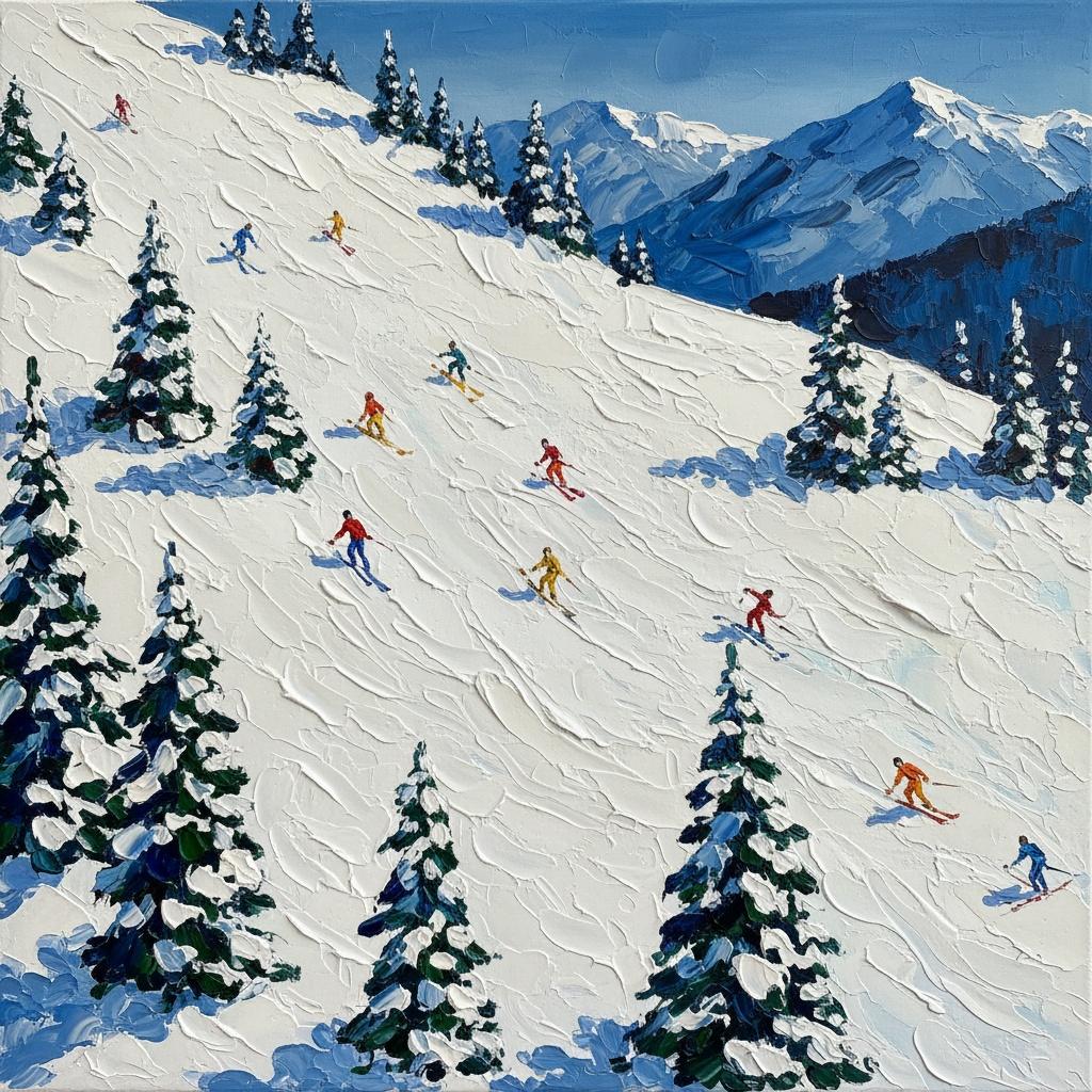 Einsamer Abstieg Durch Azurblaue Gipfel Und Strukturierte Alpenslopes In Impasto-weiß — Christian Noiret