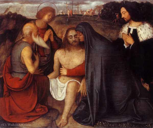 Pieta With St. John The Evangelist, St. Jerome And Donor — Giovanni Agostino Da Lodi