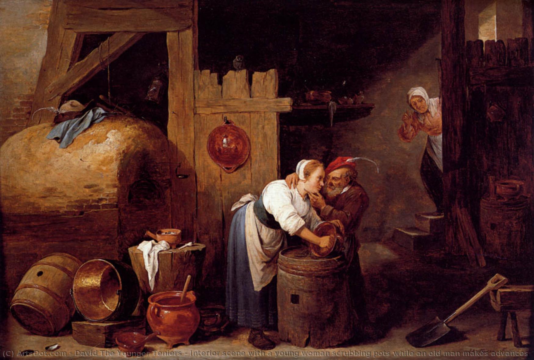 Interior Scene With A Young Woman Scrubbing Pots While An Old Man Makes Advances — David Teniers The Younger