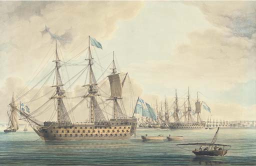 The Blockading Fleet Off Cadiz In With Lord St Vincent's Flagship Ville De Paris Anchored In The Foreground — Thomas Buttersworth