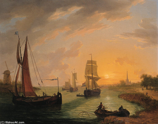 Shipping On A River At Sunset — Frans Swagers