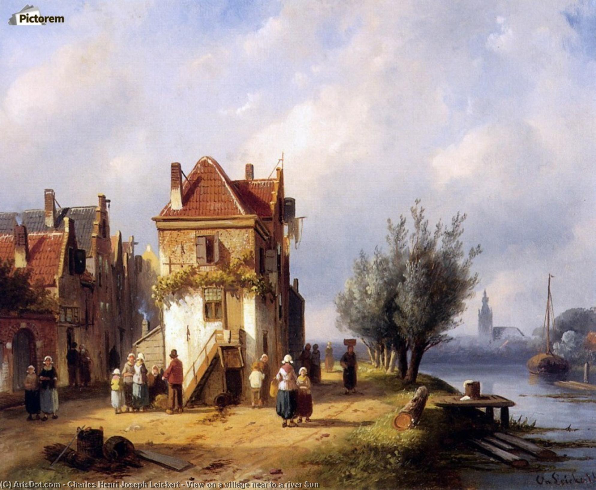 View On A Village Near To A River Sun — Charles Henri Joseph Leickert