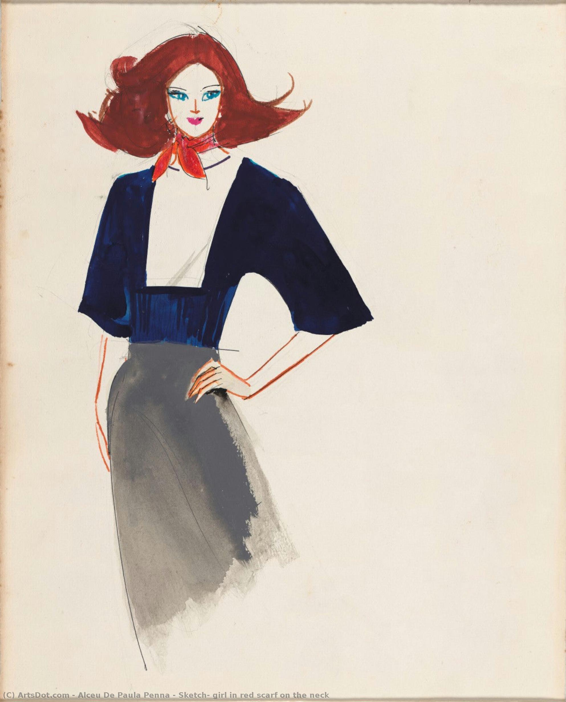 Sketch, Girl In Red Scarf On The Neck — Alceu De Paula Penna