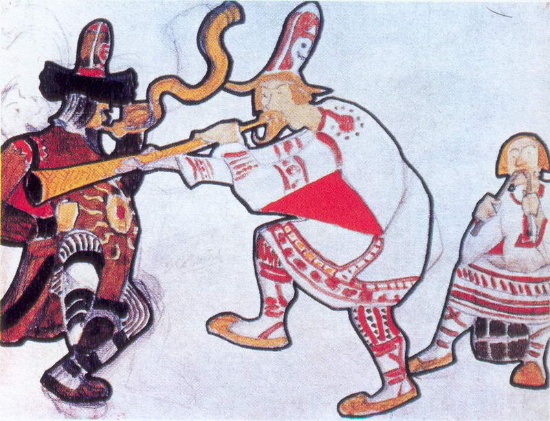 The Scene With Three Figures In Costumes — Nicholas Roerich