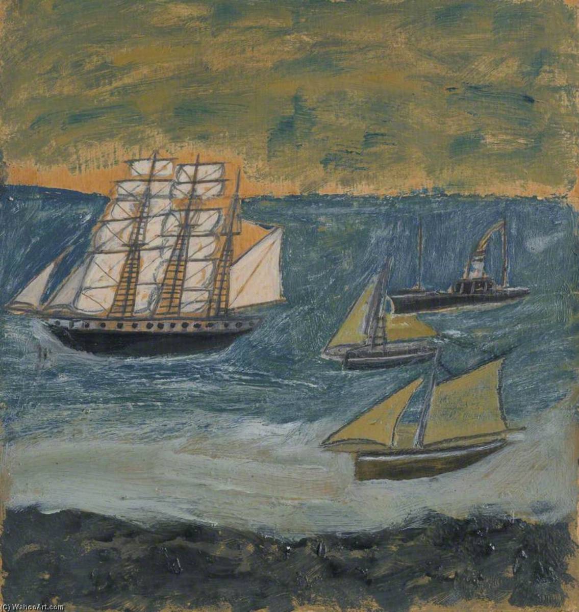 Three Masted Barque With Three Small Ships — Alfred Wallis
