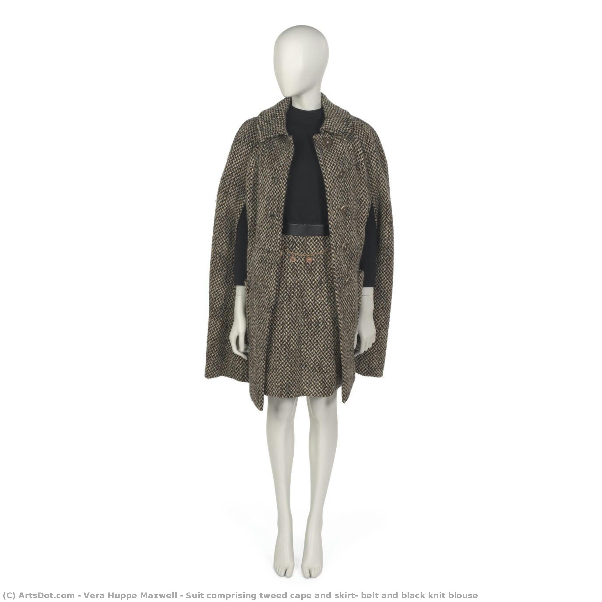 Suit Comprising Tweed Cape And Skirt, Belt And Black Knit Blouse — Vera Huppe Maxwell