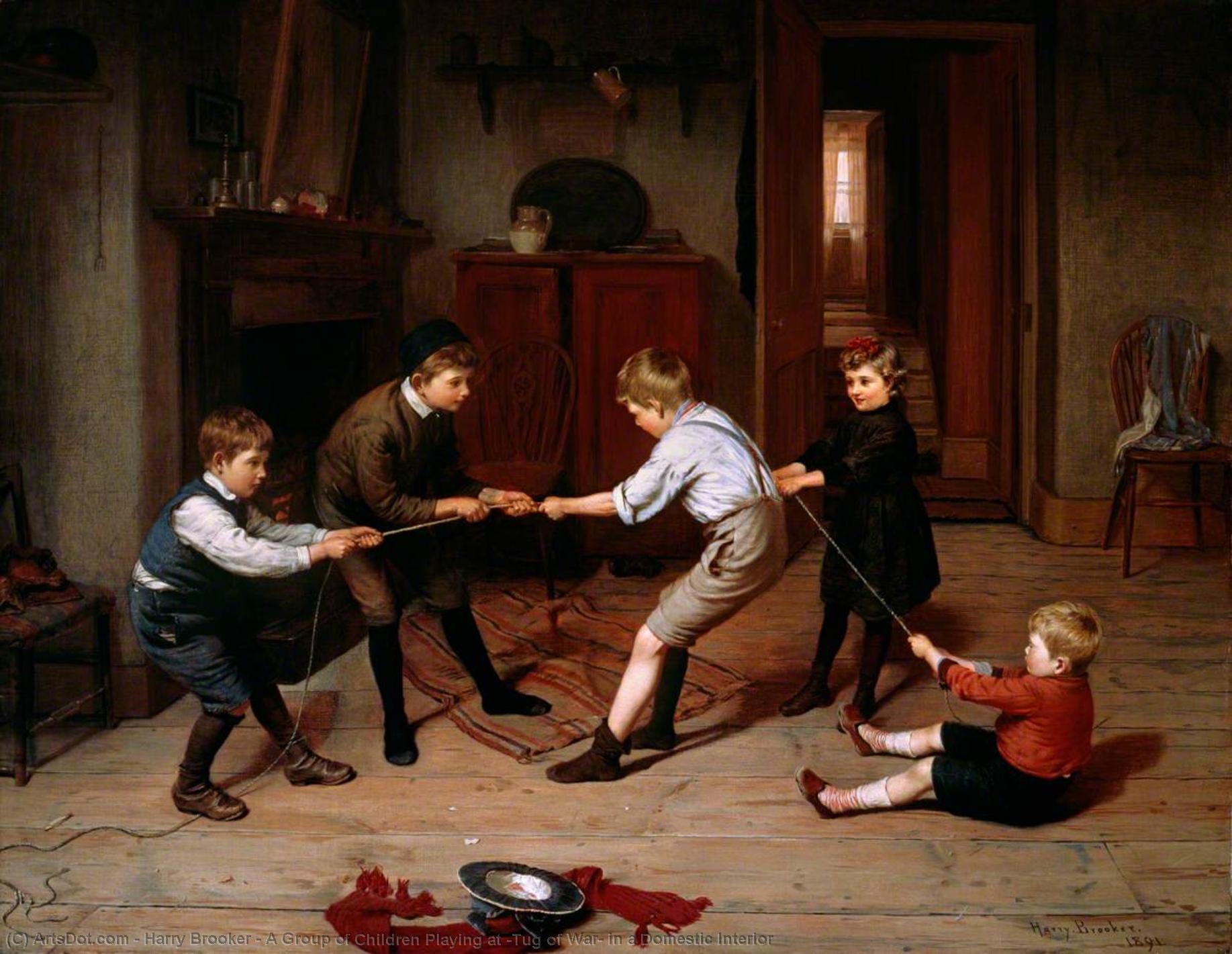 A Group Of Children Playing At 'tug Of War' In A Domestic Interior — Harry Brooker