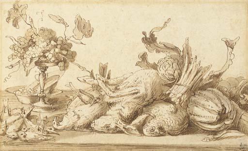 A Still Life With Birds, Rabbits And Vegetables, With A Plate And A Tazza With Grapes — Frans Snyders