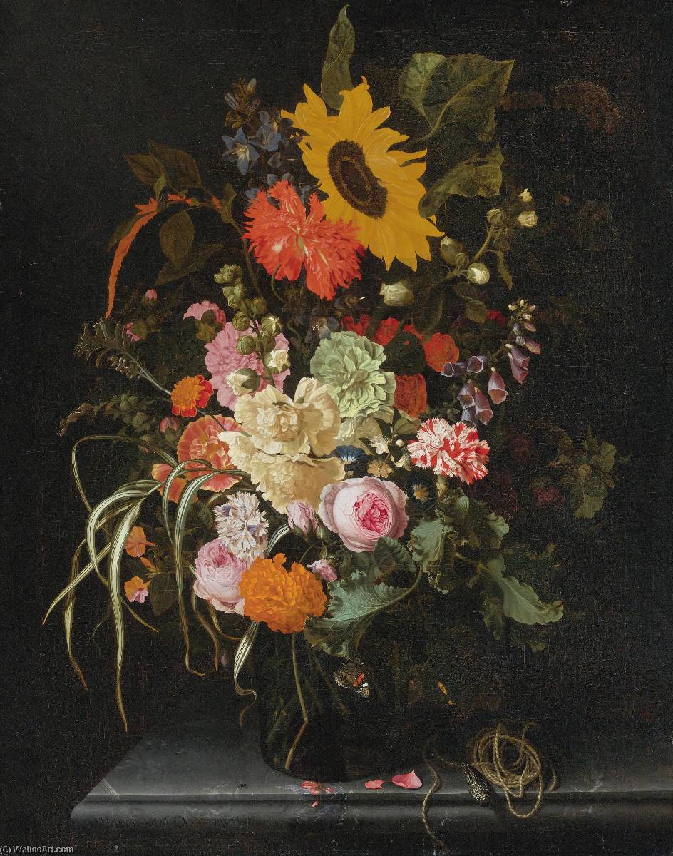 Still Life Of Roses, Carnations, Marigolds And Other Flowers With A Sunflower And Striped Grass, In A Glass Vase With A Knife And String Upon A Marble Ledge — Maria Van Oosterwijck