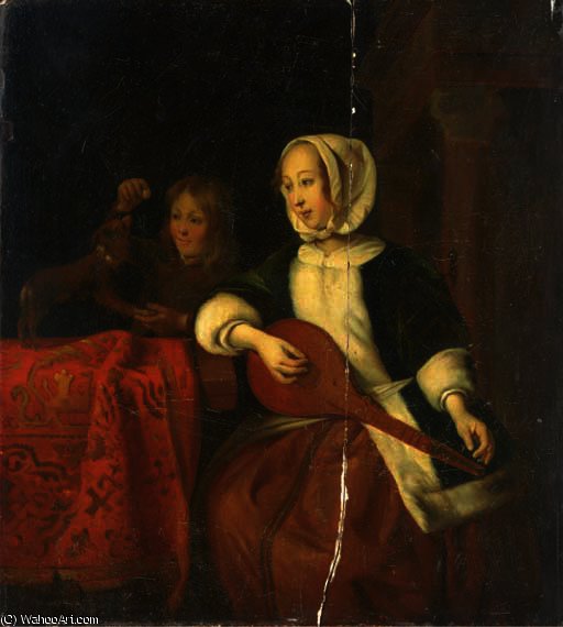A Girl Playing A Mandolin And A Boy With A Dog — Gabriel Metsu