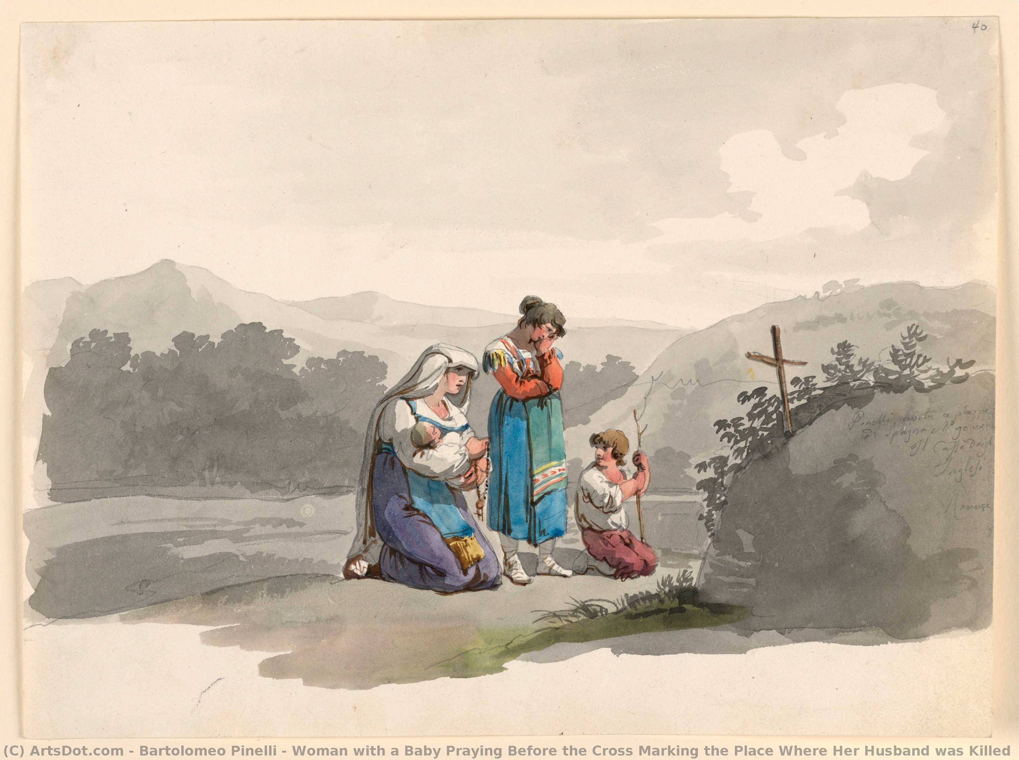 Woman With A Baby Praying Before The Cross Marking The Place Where Her Husband Was Killed — Bartolomeo Pinelli