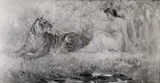 Maiden Sitting With A Lion In Tropical Setting, (painting) — Frederick Stuart Church