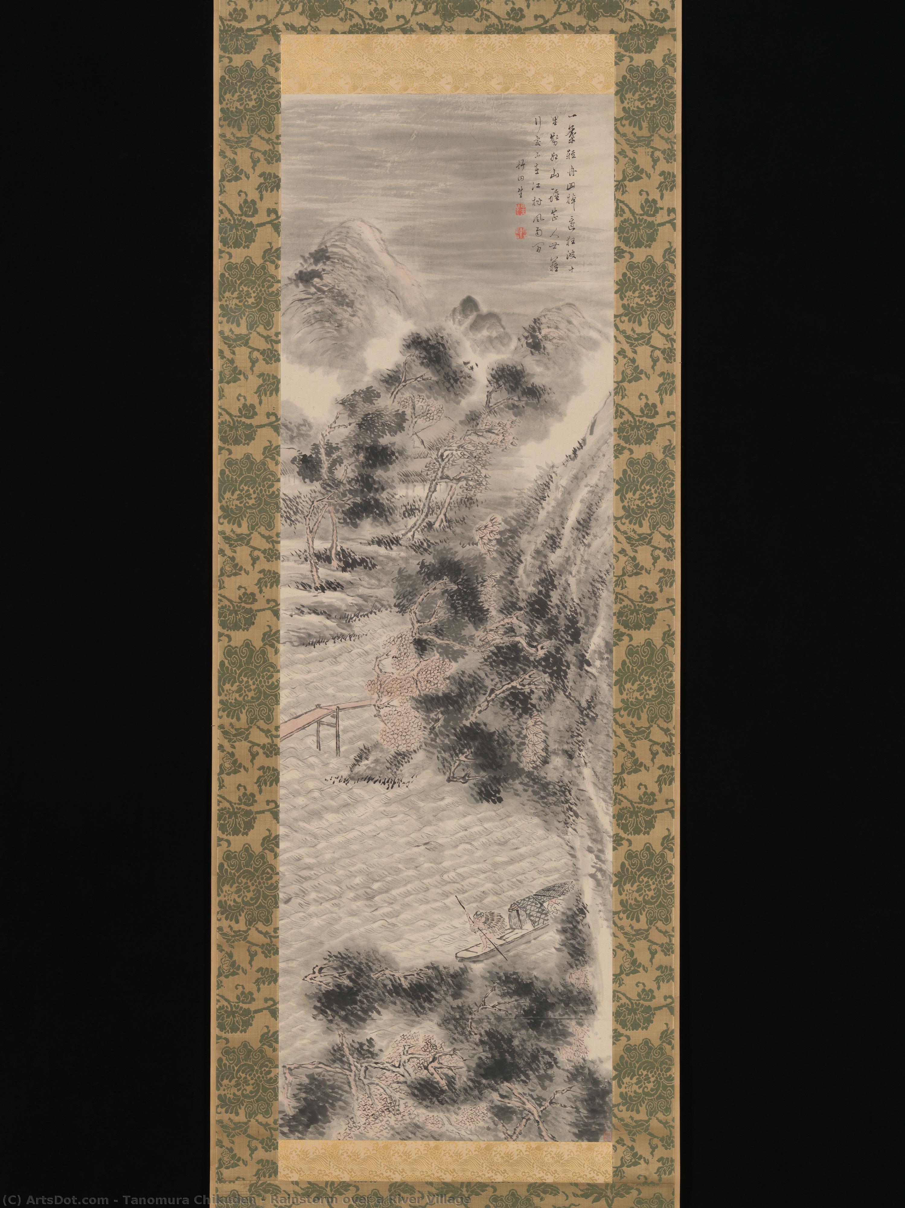 Rainstorm Over A River Village — Tanomura Chikuden