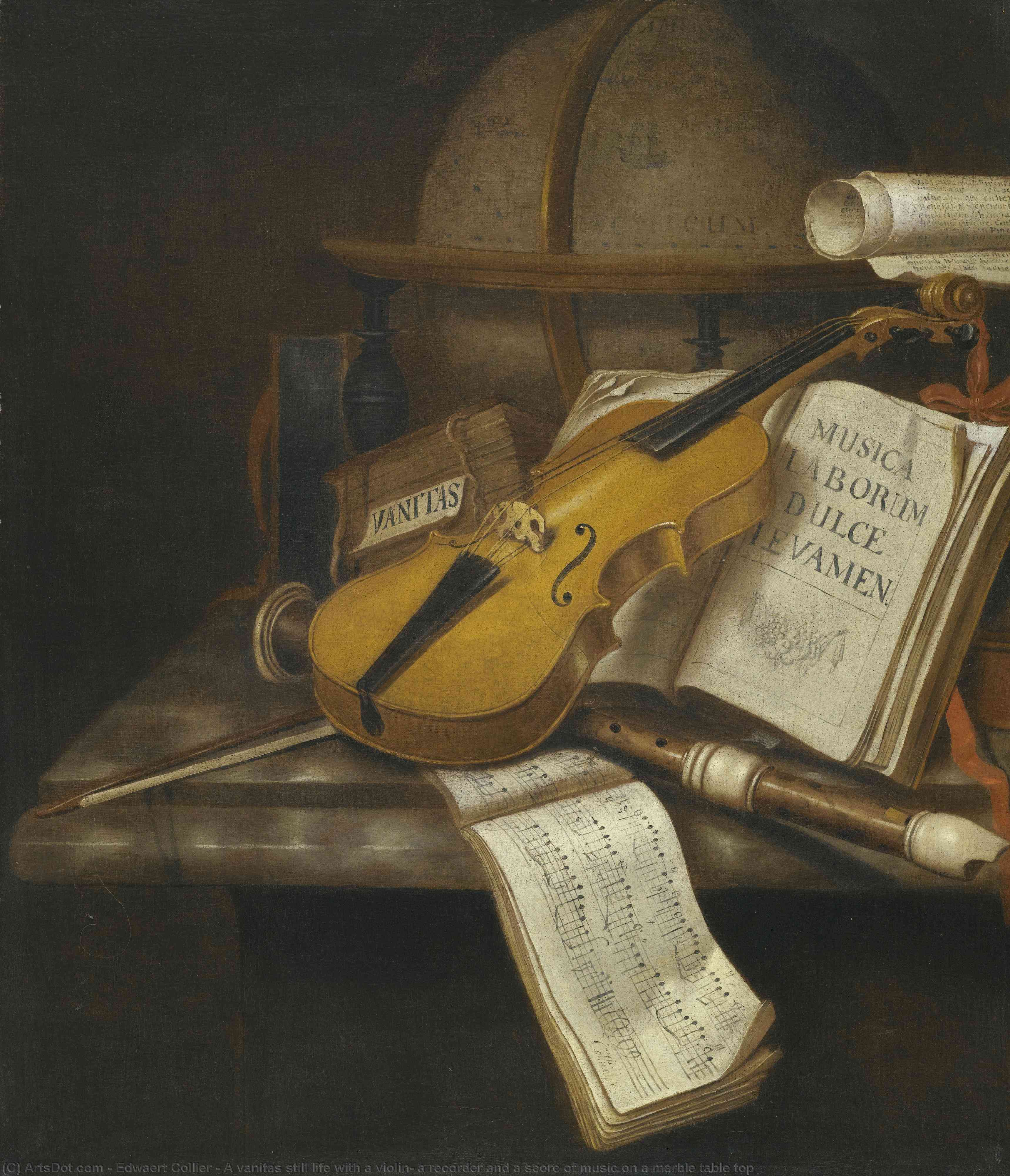 A Vanitas Still Life With A Violin, A Recorder And A Score Of Music On A Marble Table Top — Edwaert Collier