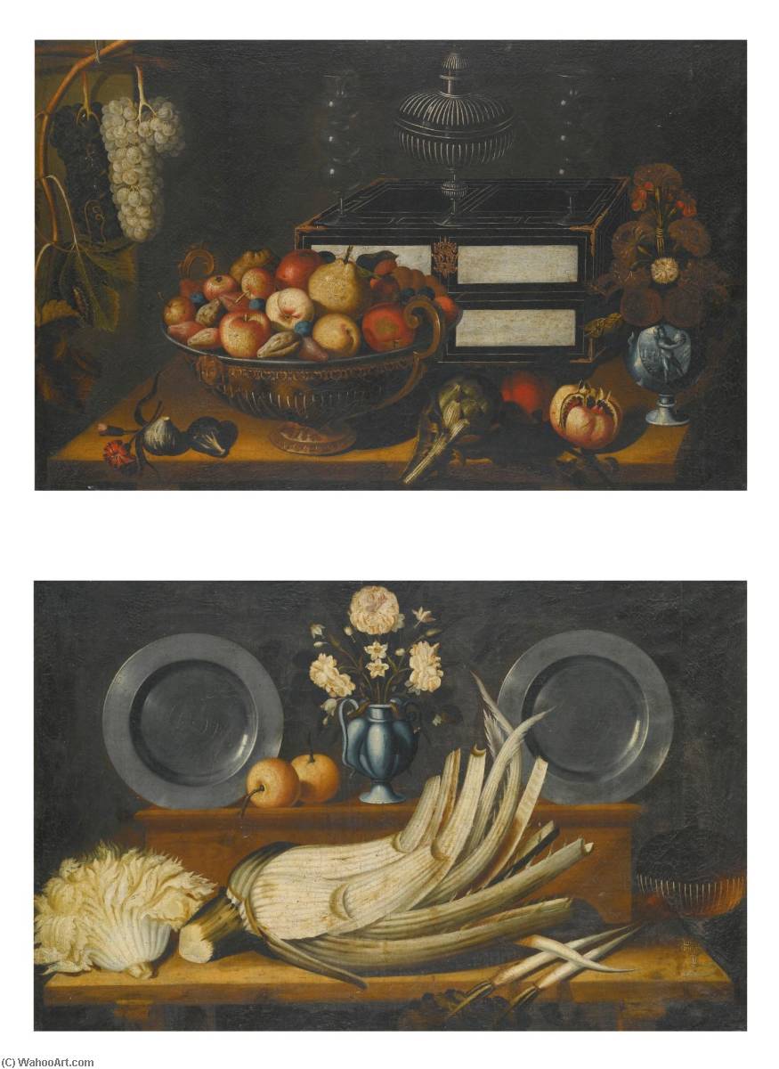 Still Life With A Lacquered Chest, A Bowl Of Assorted Fruit, A Vase Of Flowers, And An Artichoke And A Pomegranate On The Ledge Beneath Still Life With A Cardoon On A Shelf, With Two Pewter Plates And A Vase Of Flowers On Display On The Shelf Above — Bernardo Polo