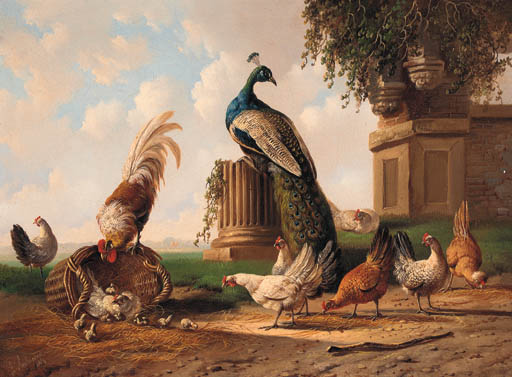 Peacock, Rooster And Chickens By A Ruin — Albertus Verhoesen