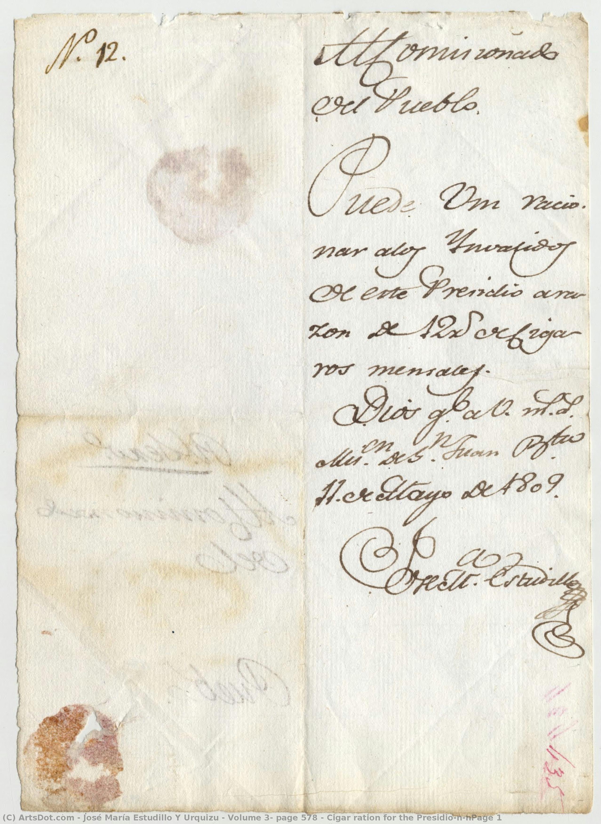 Volume 3, Page 578 / Cigar Ration For The Presidio\n\npage 1 — Žosé Marija Estudilo I Urkizu
