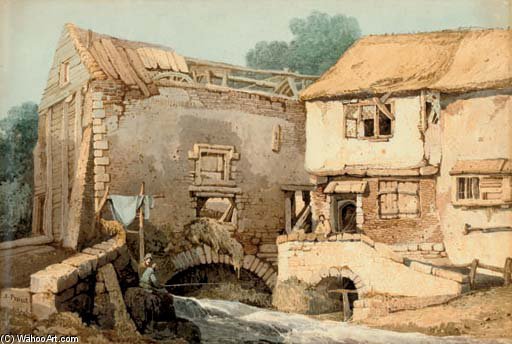 Anglers Fishing Before A Derelict Watermill — Samuel Prout
